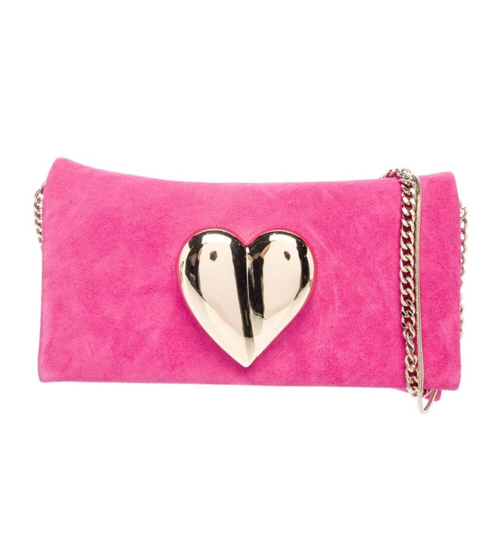 Carolina Herrera Marquise Amor Clutch Bag Hot Pink Suede Gold Heart Chain